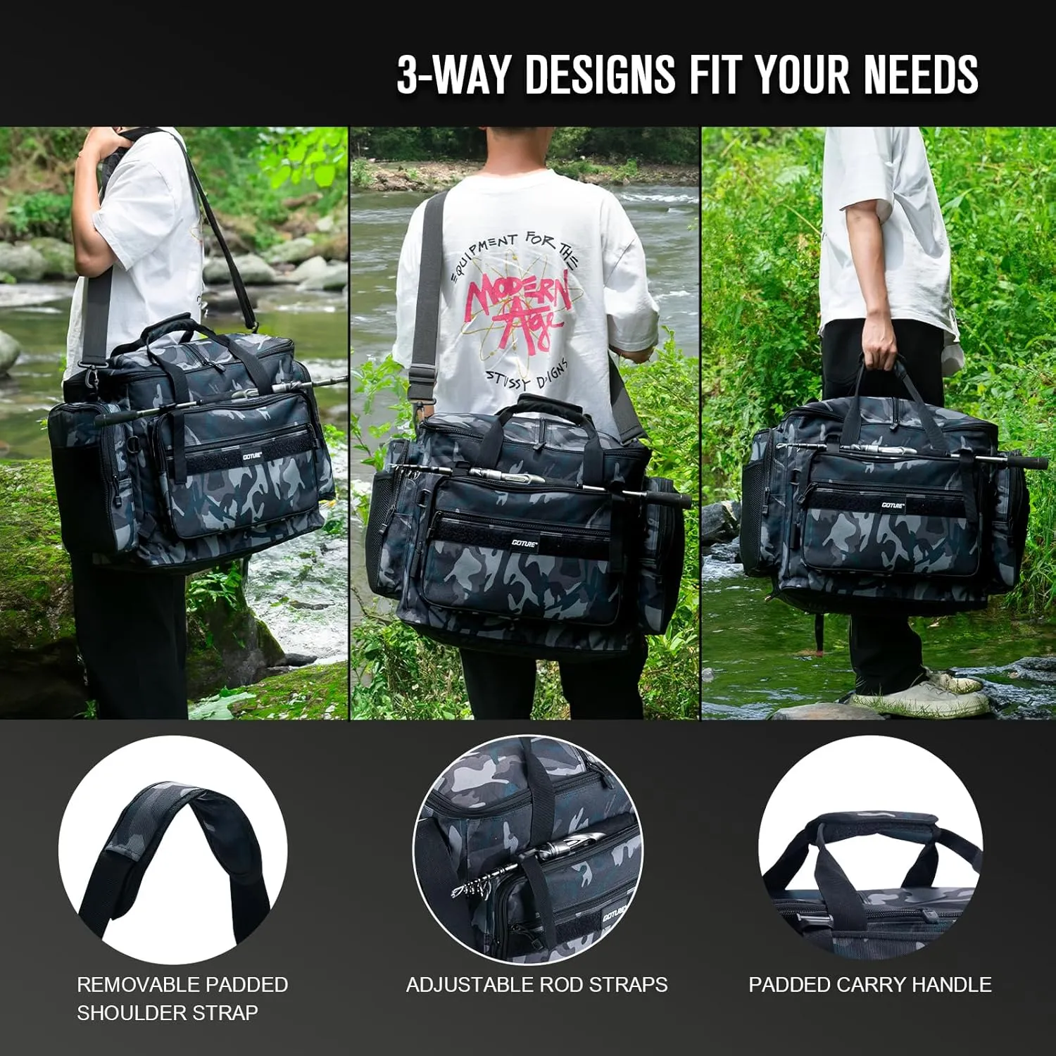 Goture Fishing Tackle Bag,Soft Side 600D Water-Resistant Cross Body Sling Fishing Bag,Waist Pack Freshwater Saltwater Gear Storage,Tactical Bags Outdoor,Store 8 3700 Tackle Boxes,21.65"x15.35"x11.81"