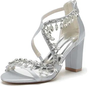 Hanfike Womens Wedding Sandals Bling Rhinestones Chunky High Heel Evening Shoes JY163