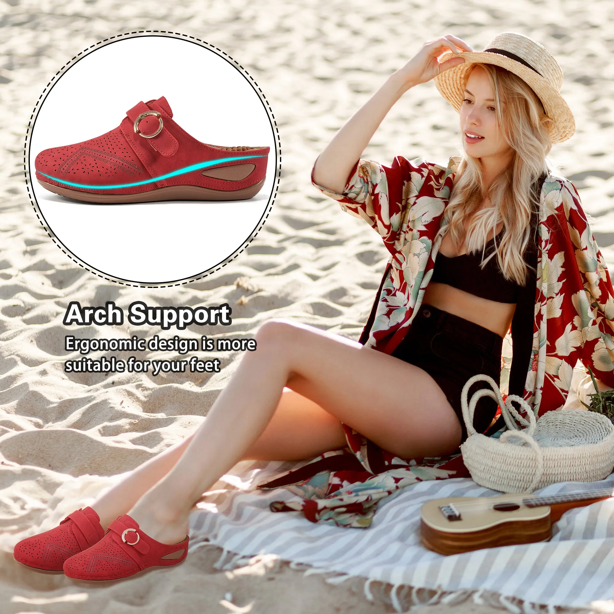HARENC™Summer Clog with Arch Support Shoes Slip On Sandals Comfy Wedge Shoes