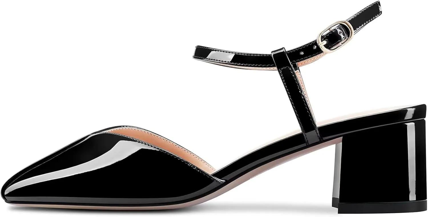 HDEUOLM Women Chunky Block Mid Heel Square Toe Pumps Ankle Strap Buckle Casual Cute 2.0 Inches Heels