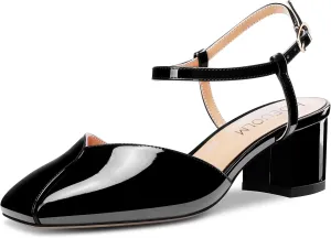 HDEUOLM Women Chunky Block Mid Heel Square Toe Pumps Ankle Strap Buckle Casual Cute 2.0 Inches Heels