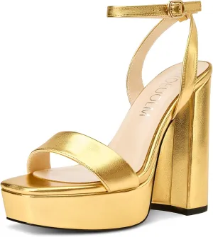 HDEUOLM Womens Chunky Block High Platform Heel Open Toe Square Toe Sandals Ankle Strap Buckle Prom Dress 5.3 Inches Heels