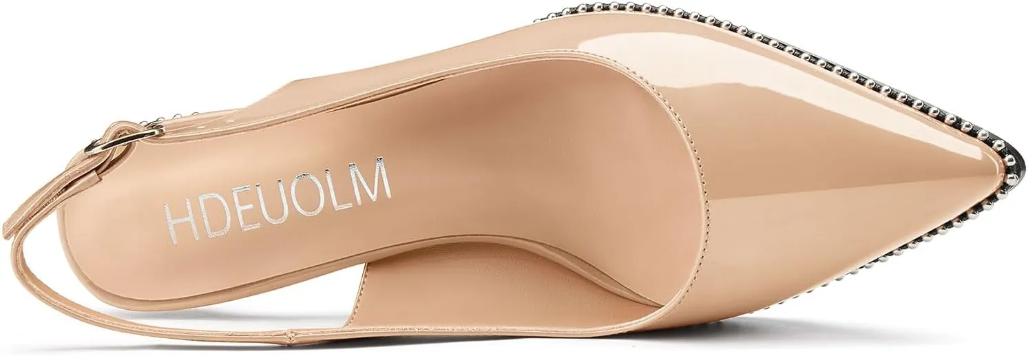 HDEUOLM Womens Mid Kitten Heel Pointed Toe Beaded Sandals Pumps Slingback Wedding Cute Patent Leather Summer 2.4 Inches Heels