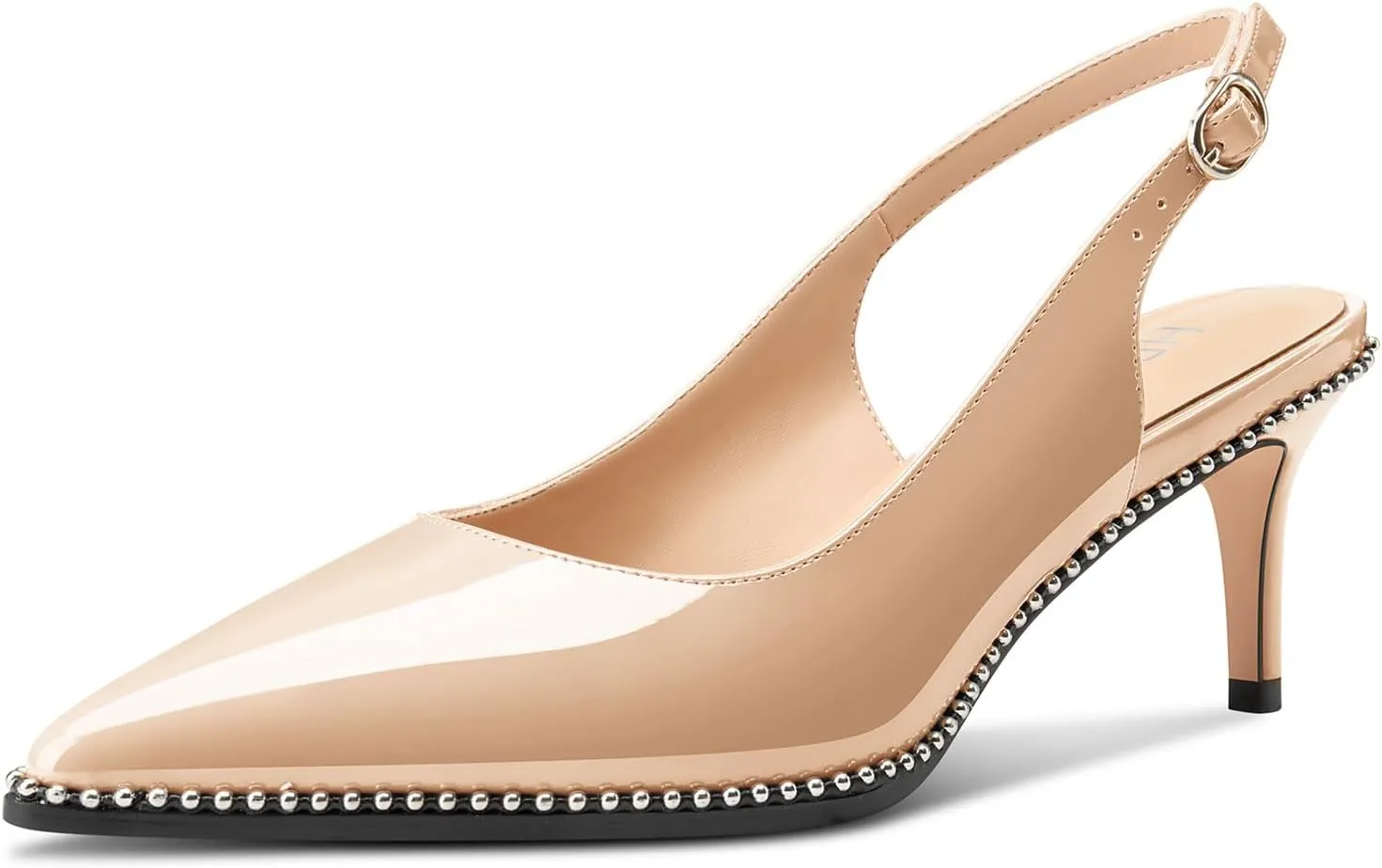 HDEUOLM Womens Mid Kitten Heel Pointed Toe Beaded Sandals Pumps Slingback Wedding Cute Patent Leather Summer 2.4 Inches Heels