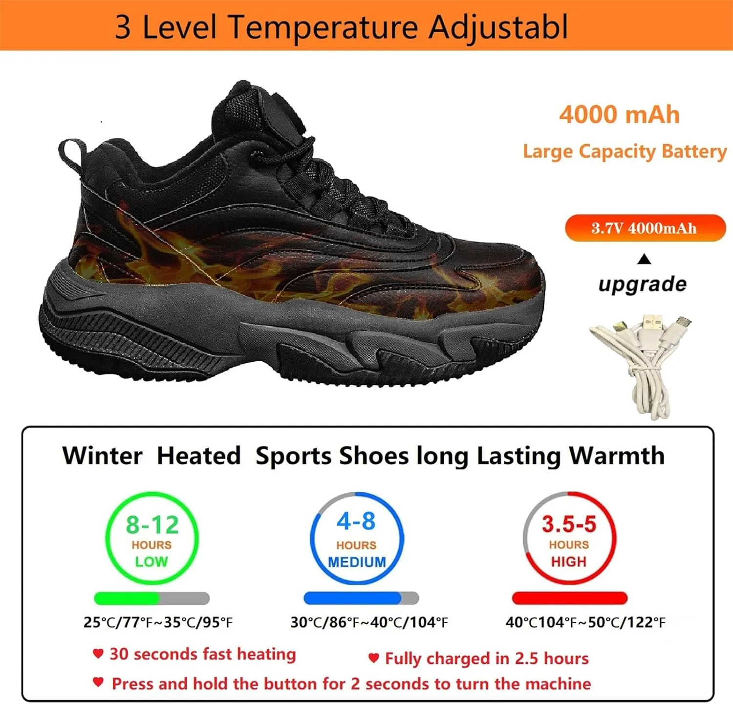 Heated Shoes for Men and Women, 2024 Edition Rechargeable Foot Wear with 3 Temperature Settings Keep Feet Warm Up to 12 Hours Foot Warmer with 4000Mah Battery Heated Sneakers Couples