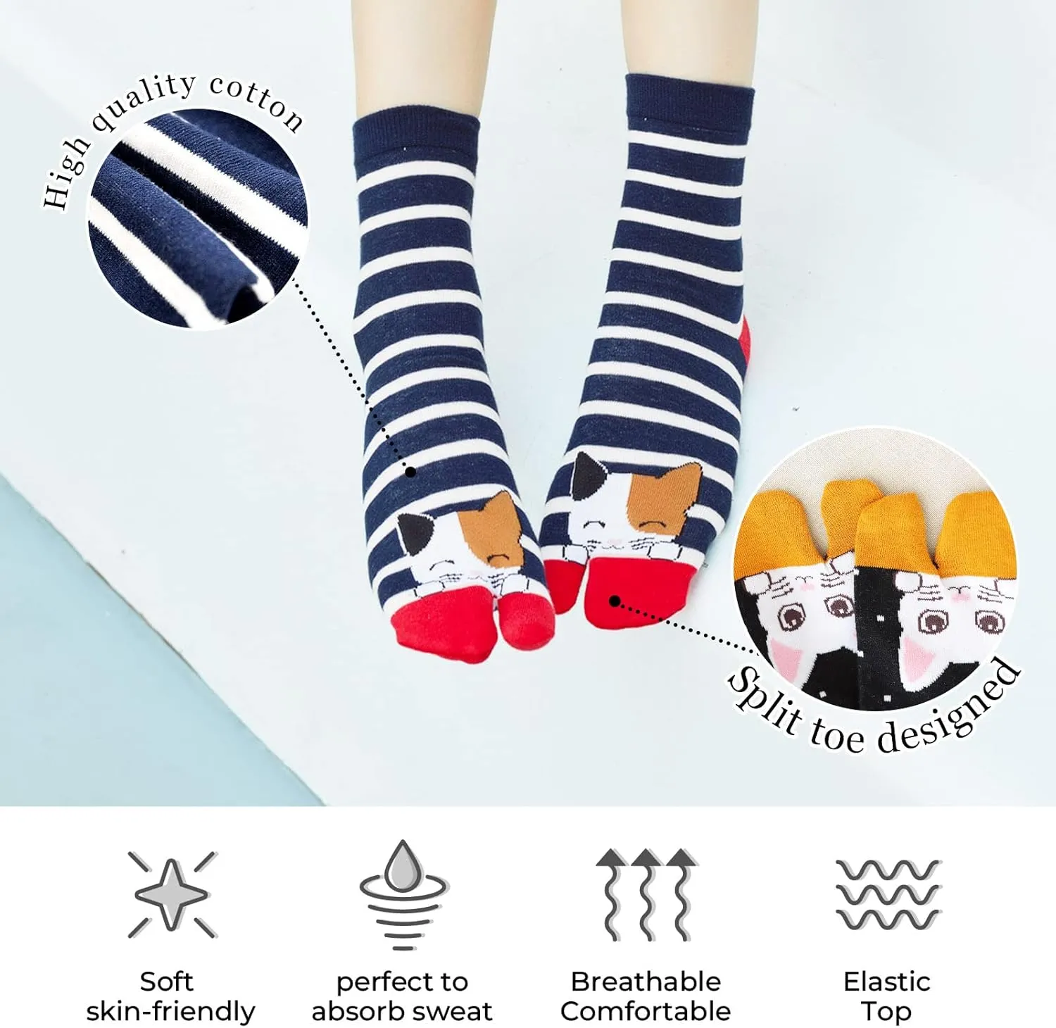 Hellomamma Women's Tabi Flip Flop Socks Two Toe Split Athletic Cotton Colorful Ankle Sock 4pairs