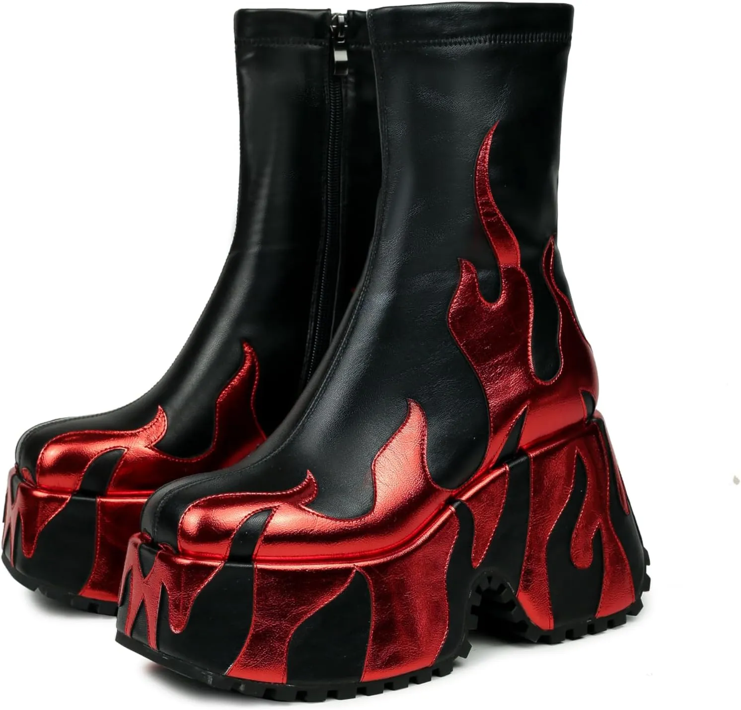 HiColor Women's Side Zipper High Heeled Flames Printing Chunky Sole Boots - Red - Women's Size - Casual Chic - Halloween - Cosplay