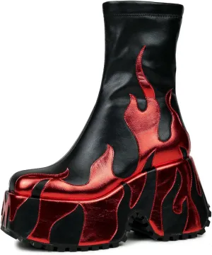 HiColor Women's Side Zipper High Heeled Flames Printing Chunky Sole Boots - Red - Women's Size - Casual Chic - Halloween - Cosplay