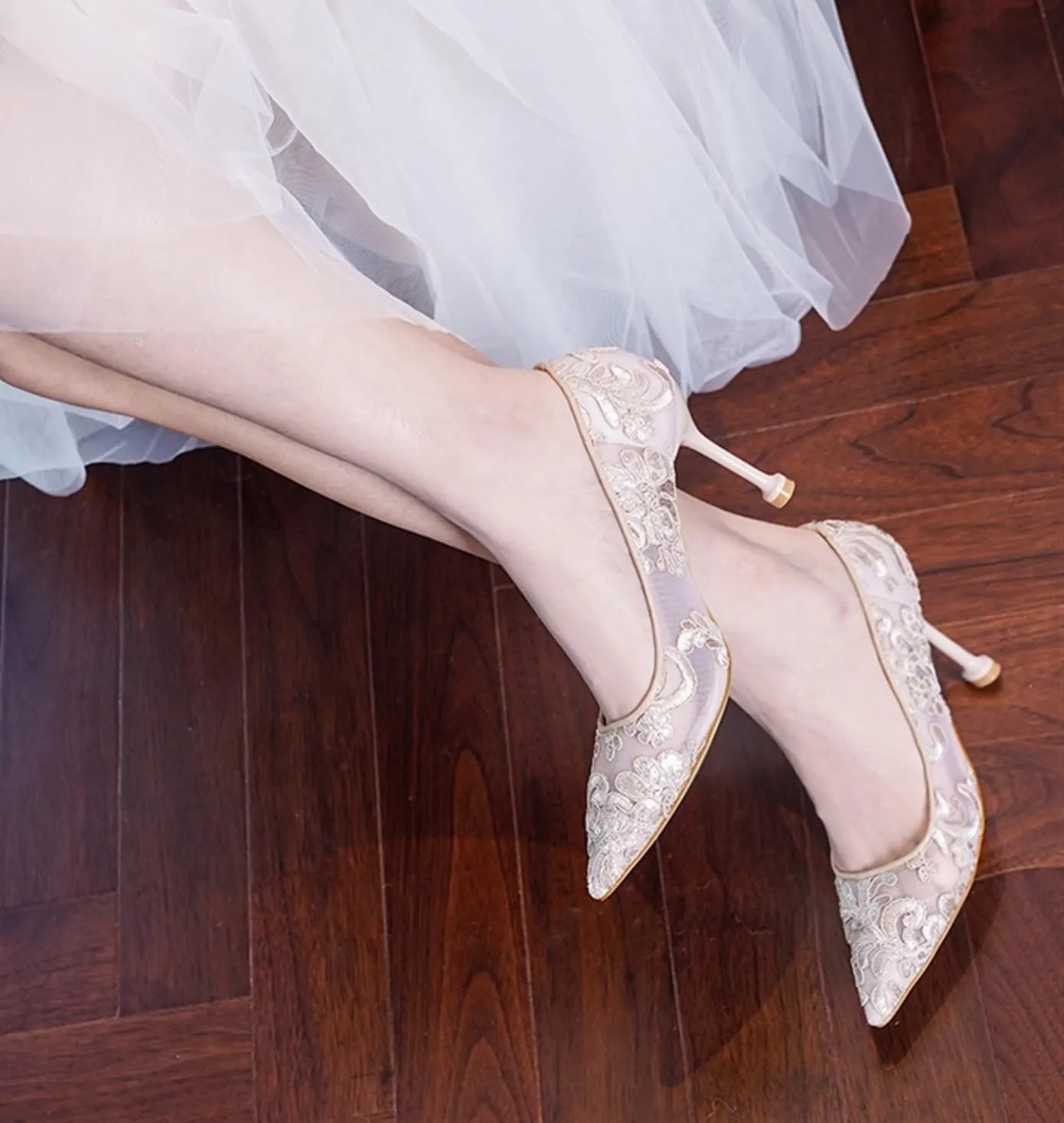 High Heels Elegant Embroidered High Heel Wedding Shoes for Brides Lace Mesh Design