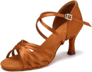 HIPPOSEUS Women's Latin Dance Shoes Satin Ballroom Salsa Dance Practice Shoes with 3inch Heel
