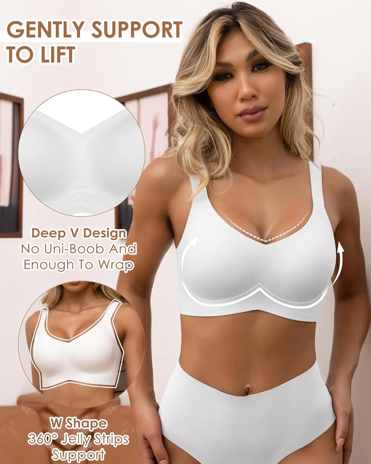 HORISUN Seamless Bras Full Coverage Wireless Push Up Bra for Women No Underwire Comfort V Neck Bralettes with Support