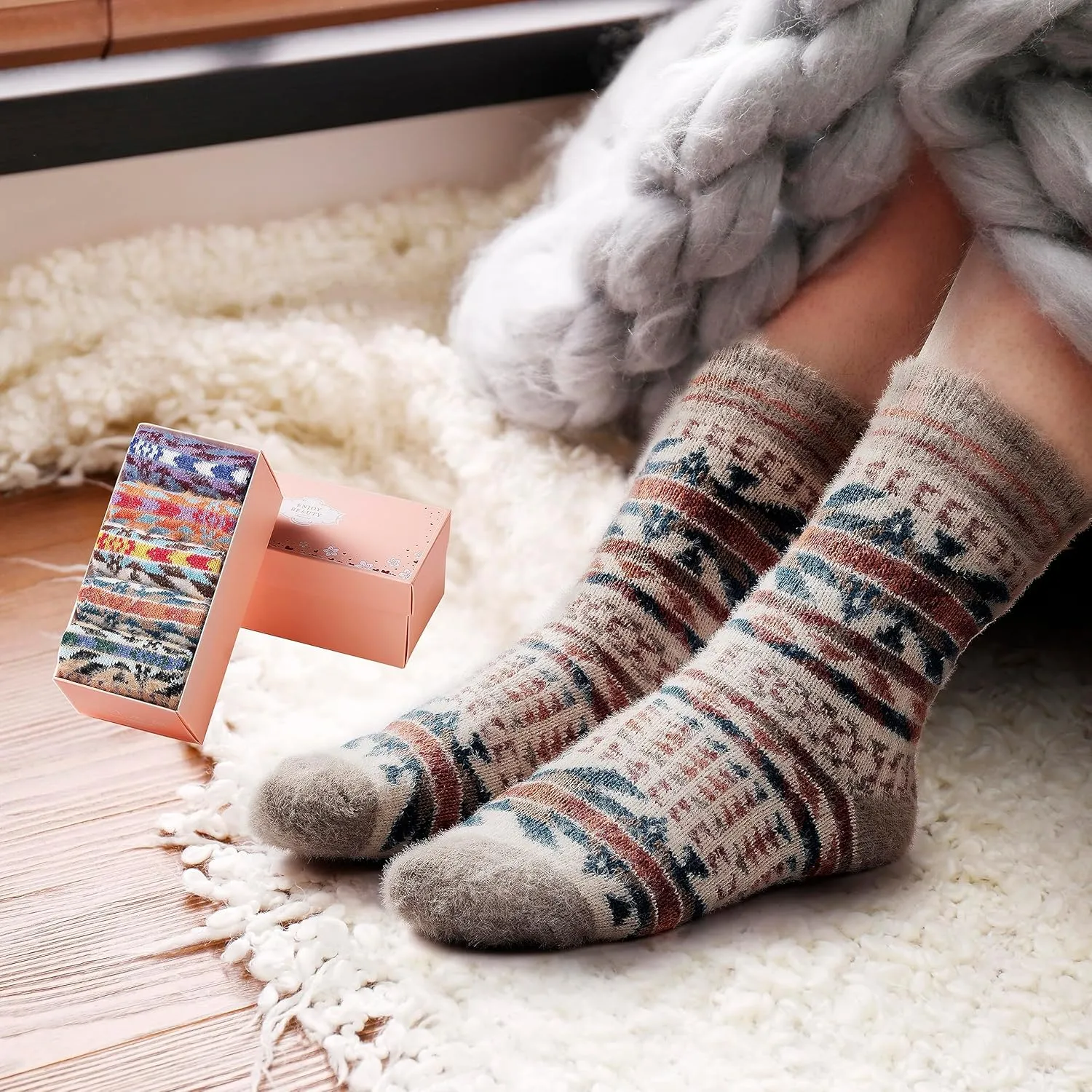 ICEIVY 5 Pair Fuzzy Cozy Socks for Women - Warm Comfy Soft Casual Home Sleep Winter Wool Socks - Gifts for Women