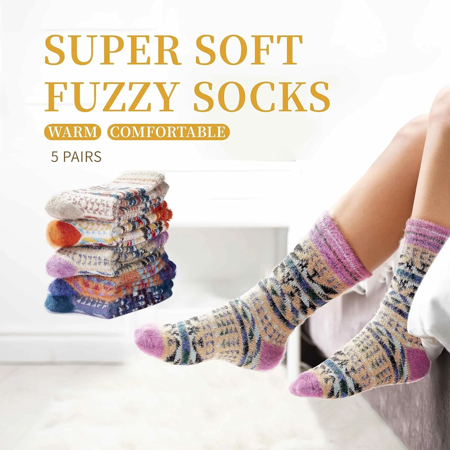 ICEIVY 5 Pair Fuzzy Cozy Socks for Women - Warm Comfy Soft Casual Home Sleep Winter Wool Socks - Gifts for Women