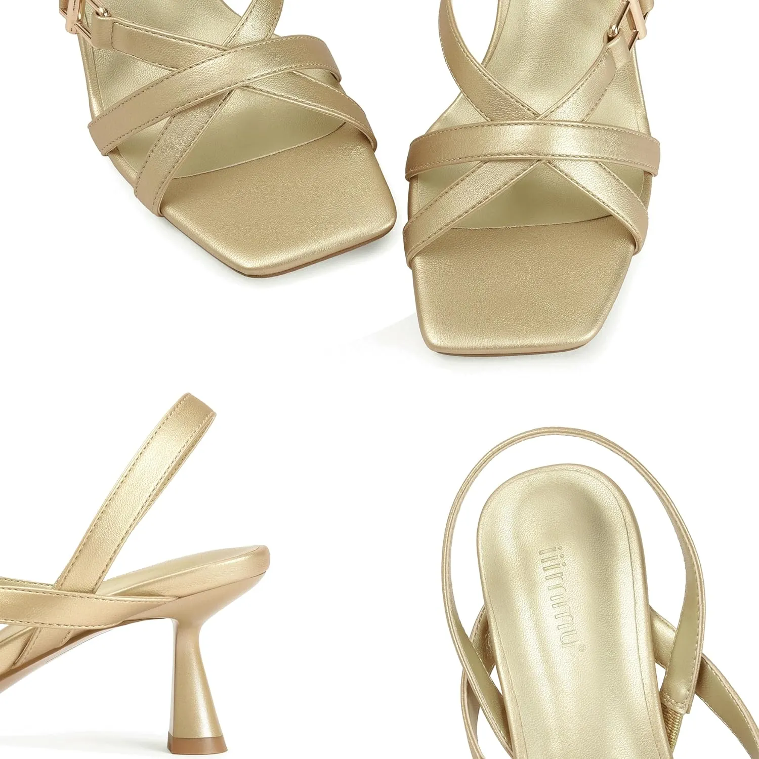 iiimmu Women's Square Open Toe Strappy Sandals With 2.5 IN Kitten Heels, Cute and Elegant Summer Low Heels, PU Leather