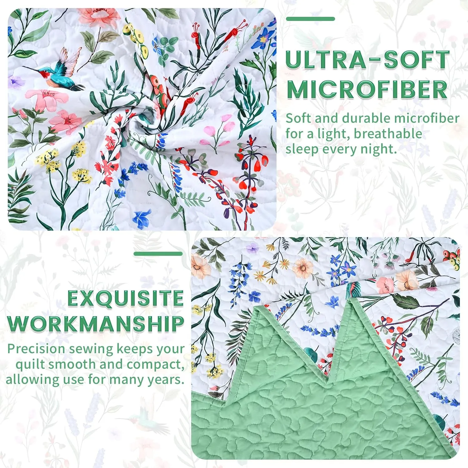 Invoibler Floral Quilt King Size Lightweight Reversible Bedspread Coverlet Set 3 Piece Microfiber Bedding Quilts Set for All Season (1 Quilt, 2 Pillow Shams)