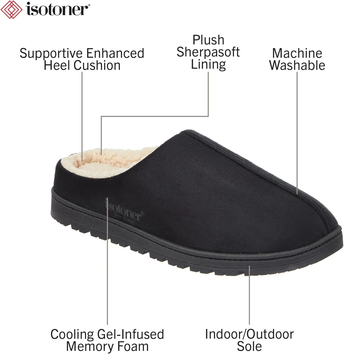 isotoner Men's Rory Slipper-Gel Memory Foam Clogs-Durable Microsuede with Sherpa Lining