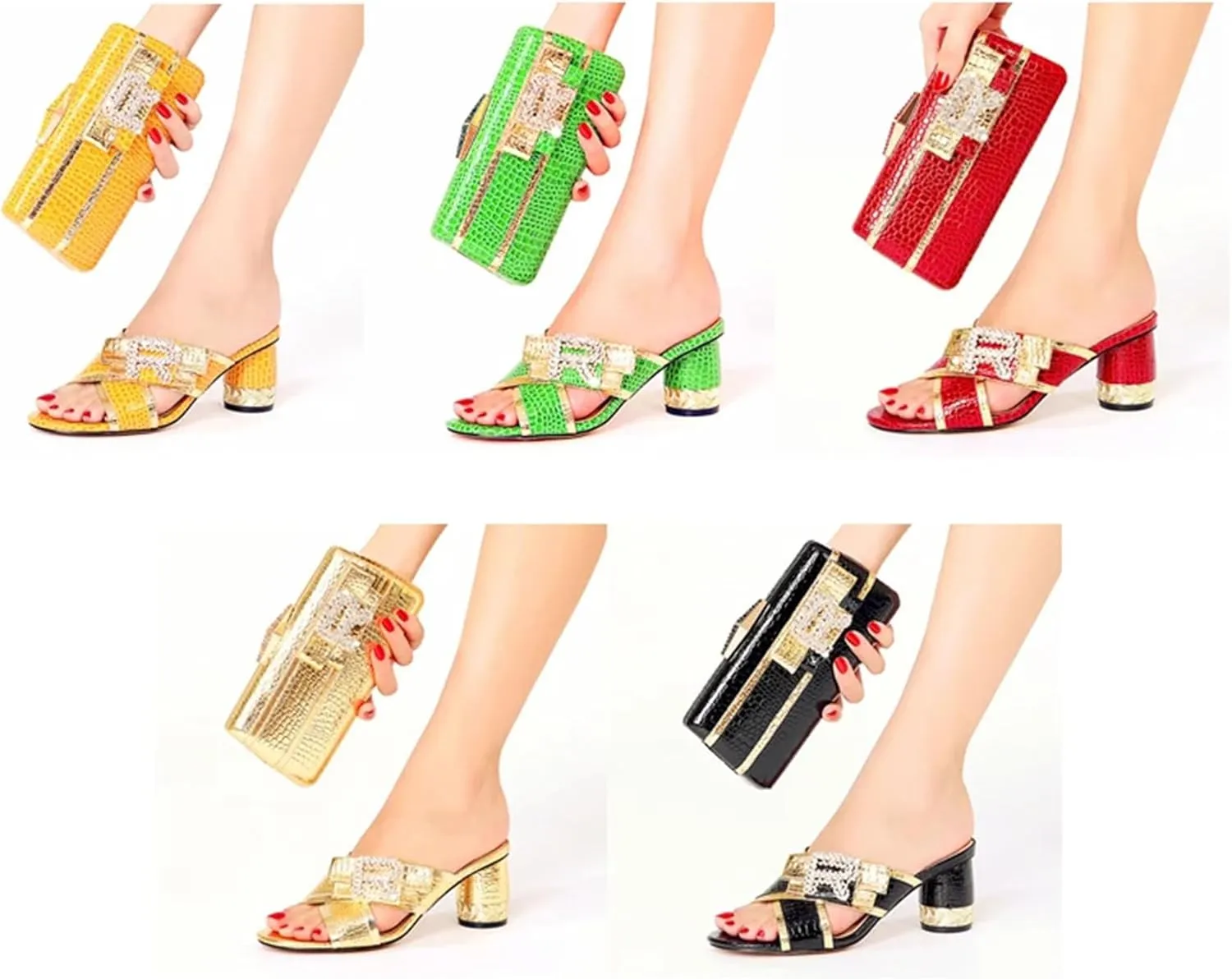 Italian Women's Crystal Shoe Bag Set High Heel Rhinestone Pattern Plus Size Slippers Elegant Flower Bridal Prom Clutch