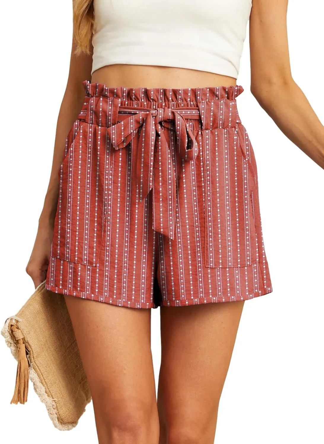 IWOLLENCE Womens Shorts with Pockets Summer Casual Shorts for Women Waist Casual Lightweight Adjustable Tie Knot Loose