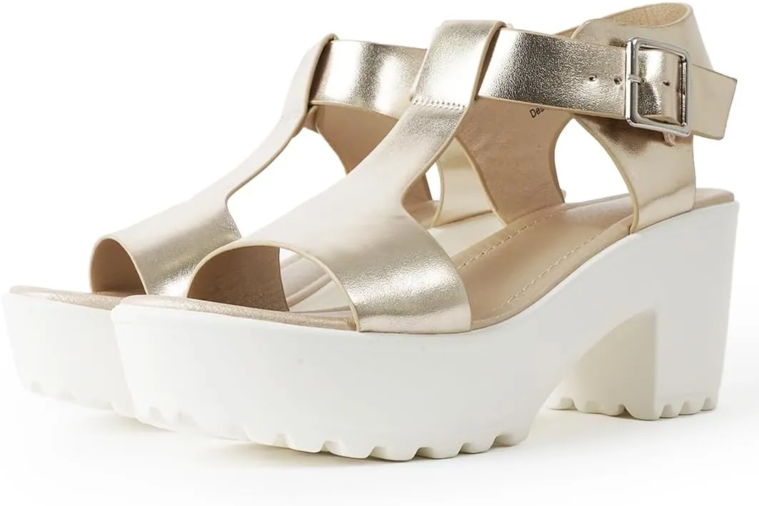 J. Adams Corby Platform Sandals Heeled Sandals for Womens - T-Strap Chunky Mid Heel Sandal Wedges for Women - Women's Footwear Platform Shoes - Summer Shoes for Women
