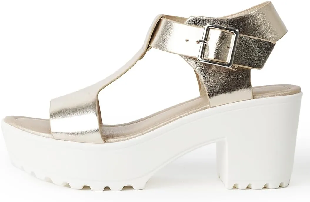 J. Adams Corby Platform Sandals Heeled Sandals for Womens - T-Strap Chunky Mid Heel Sandal Wedges for Women - Women's Footwear Platform Shoes - Summer Shoes for Women
