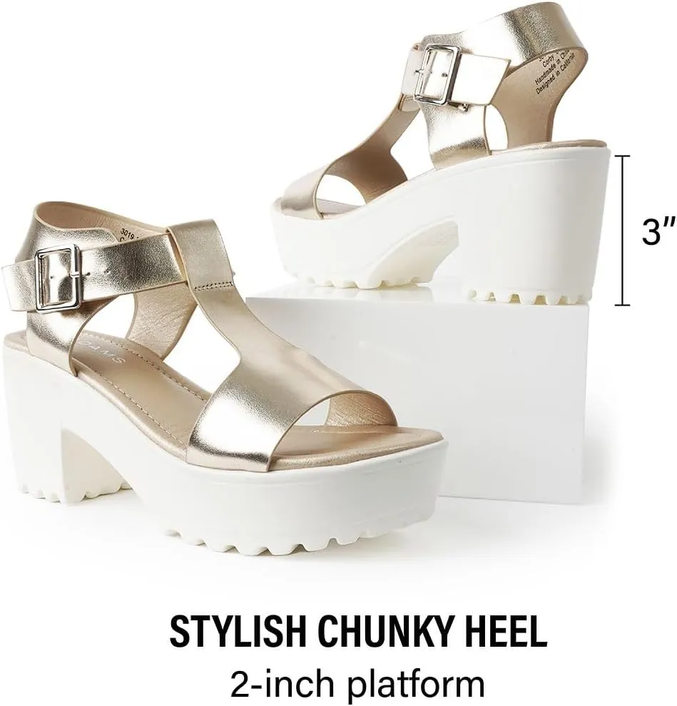 J. Adams Corby Platform Sandals Heeled Sandals for Womens - T-Strap Chunky Mid Heel Sandal Wedges for Women - Women's Footwear Platform Shoes - Summer Shoes for Women
