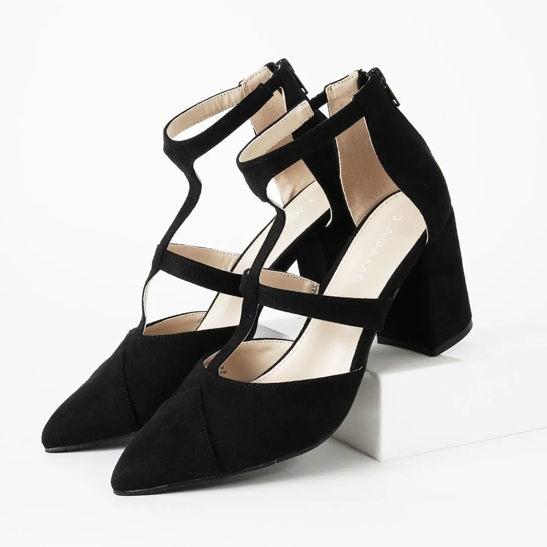 J. Adams Michelle Women's Chunky Block Heel Pointed Toe T-Strap Dress Shoes - Elegant Suede Pumps for Office & Party