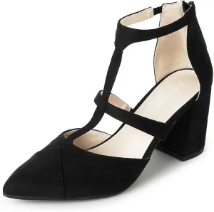 J. Adams Michelle Women's Chunky Block Heel Pointed Toe T-Strap Dress Shoes - Elegant Suede Pumps for Office & Party