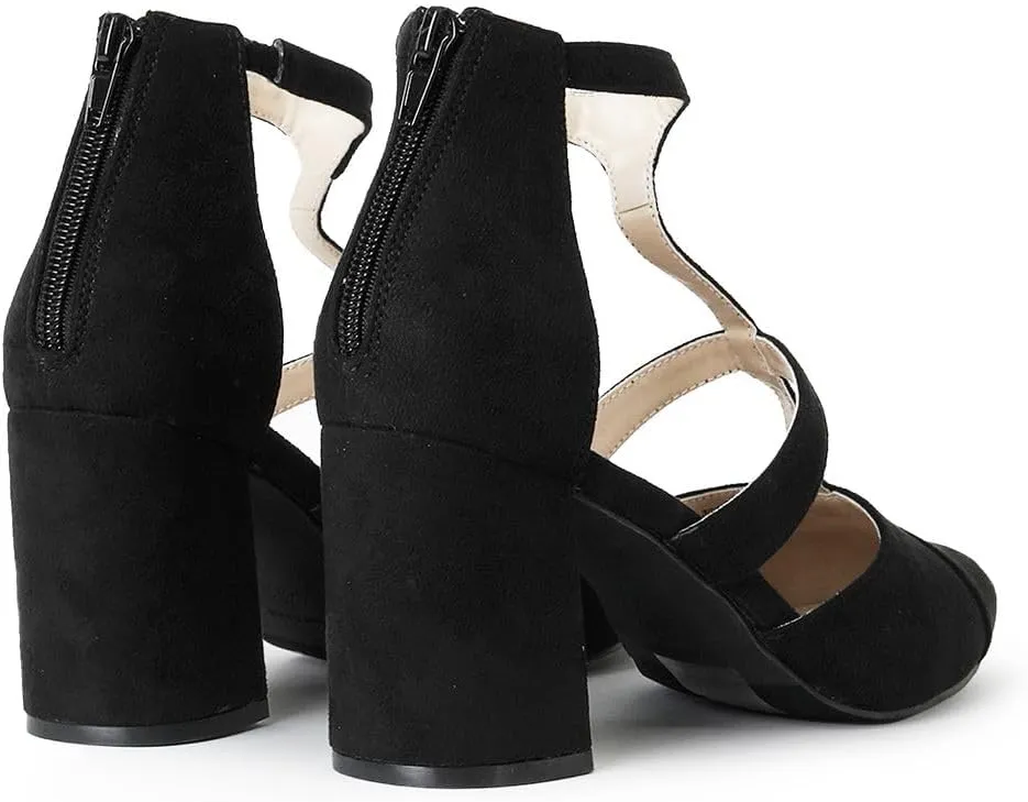 J. Adams Michelle Women's Chunky Block Heel Pointed Toe T-Strap Dress Shoes - Elegant Suede Pumps for Office & Party