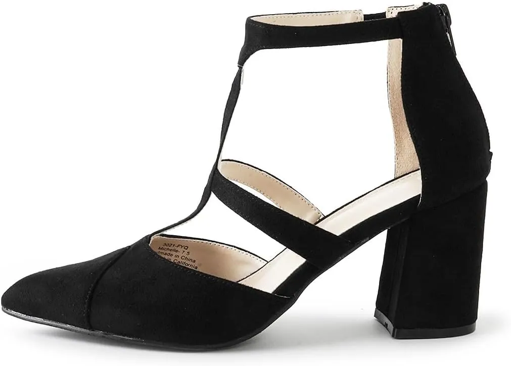 J. Adams Michelle Women's Chunky Block Heel Pointed Toe T-Strap Dress Shoes - Elegant Suede Pumps for Office & Party