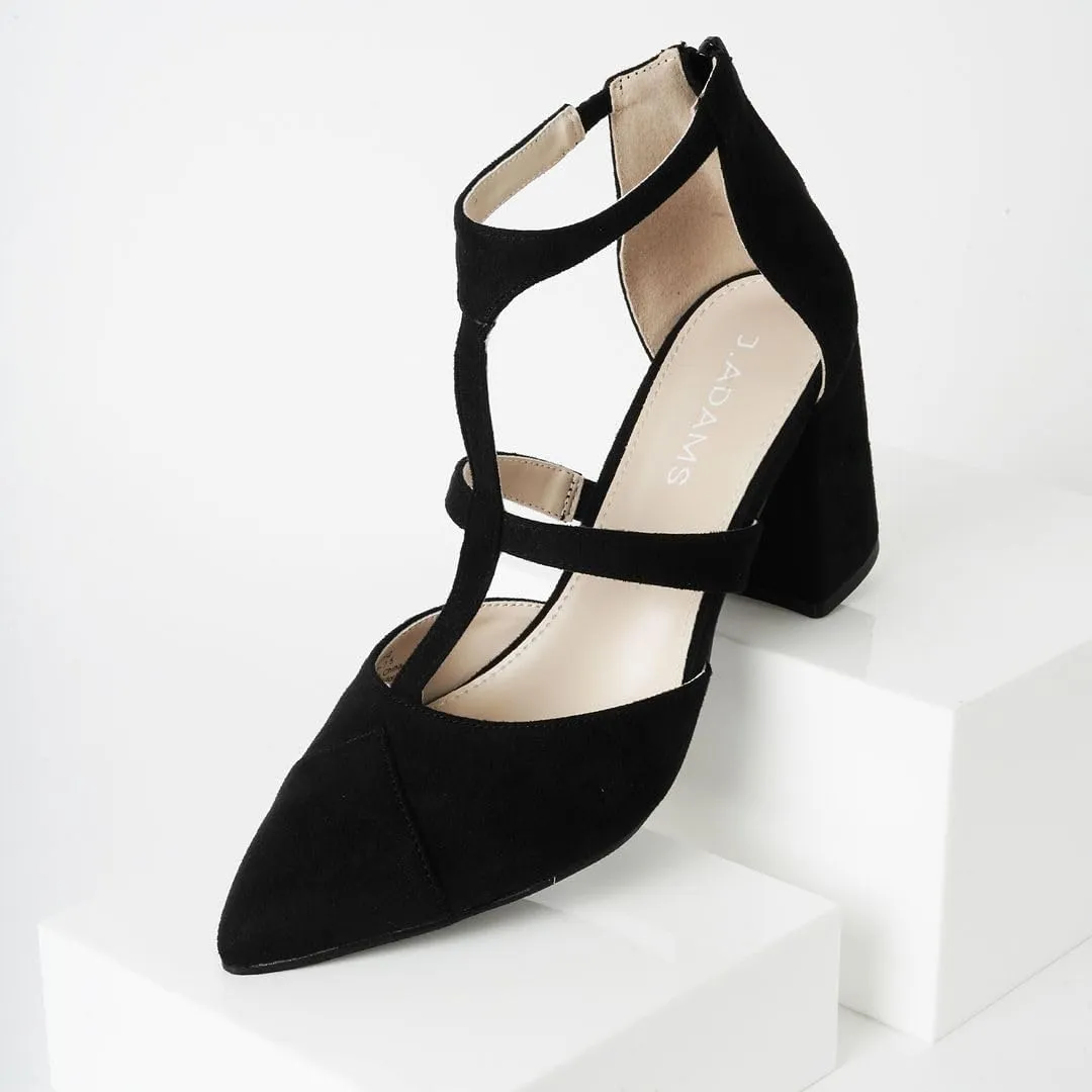 J. Adams Michelle Women's Chunky Block Heel Pointed Toe T-Strap Dress Shoes - Elegant Suede Pumps for Office & Party