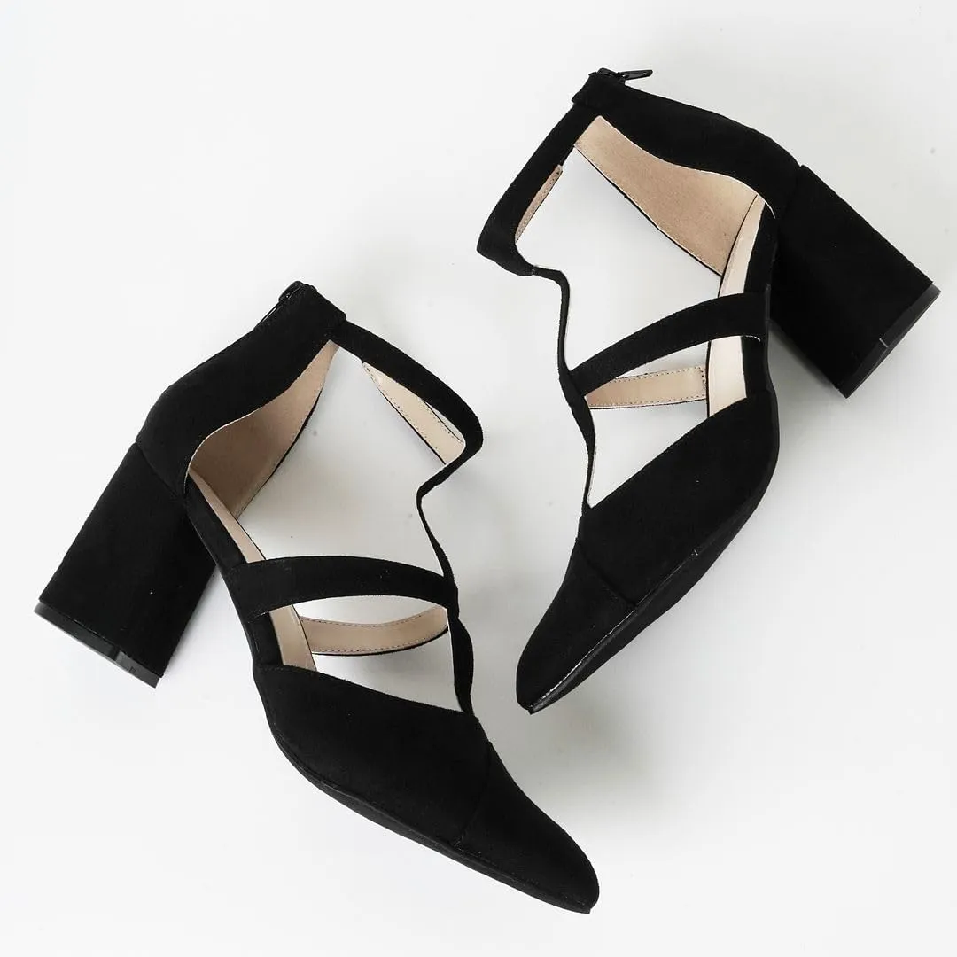 J. Adams Michelle Women's Chunky Block Heel Pointed Toe T-Strap Dress Shoes - Elegant Suede Pumps for Office & Party