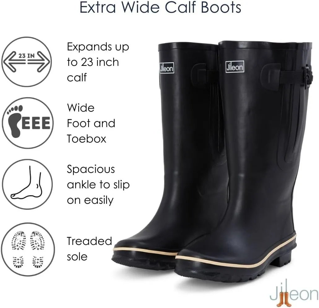 Jileon Extra Wide Calf Rain Boots - Ideal for Wide Feet, Ankles & Calves - Fit 16 to 23” Calves - Durable & Waterproof