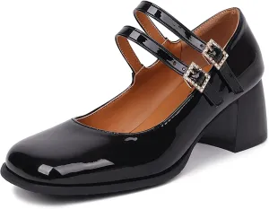Joi4mis Mary Jane Shoes Women Chunky Heel Buckle Strap Rhinestones Low Block Heels Close Square Toe Mary Jane Pumps Dress Shoes