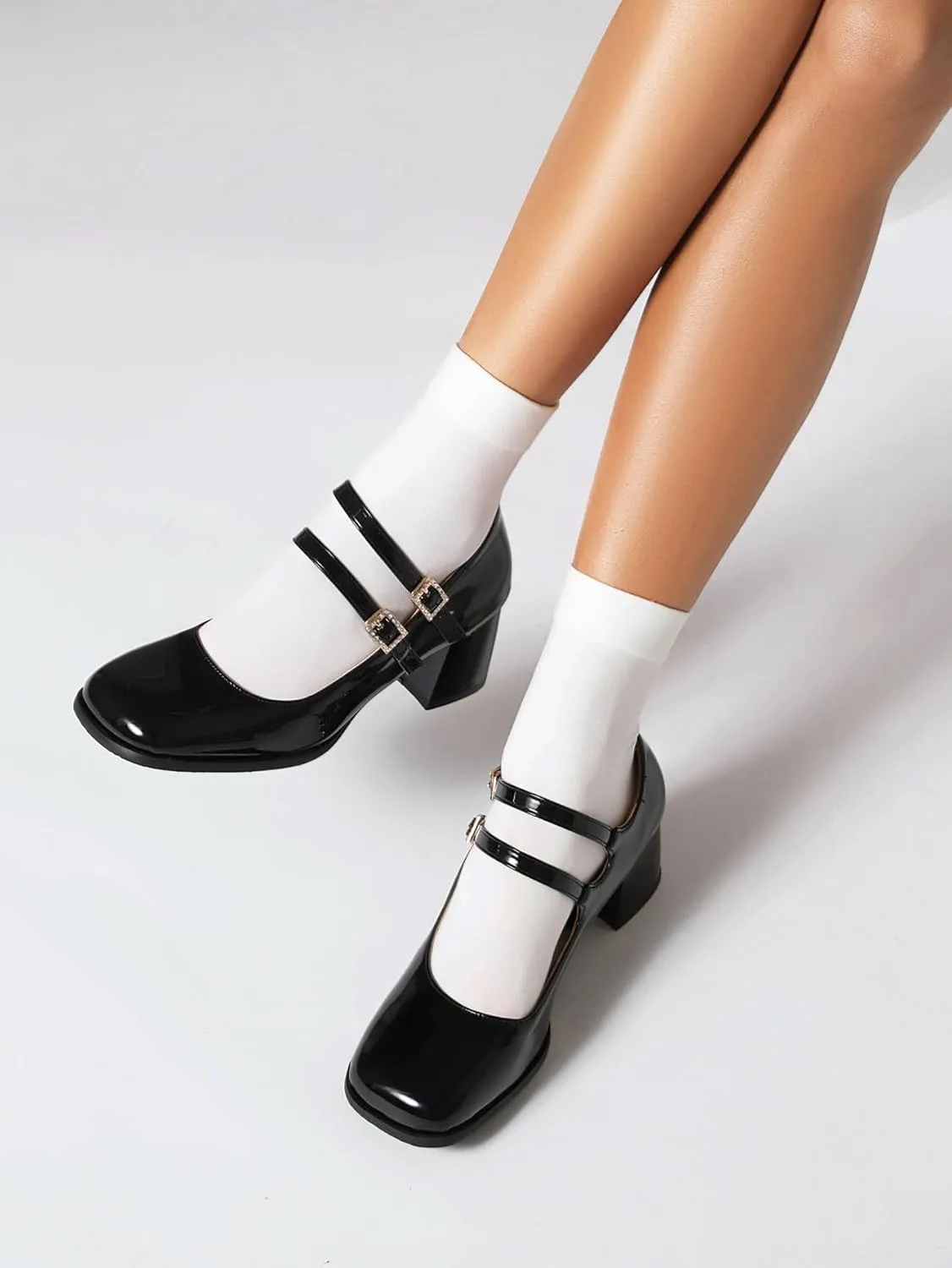 Joi4mis Mary Jane Shoes Women Chunky Heel Buckle Strap Rhinestones Low Block Heels Close Square Toe Mary Jane Pumps Dress Shoes