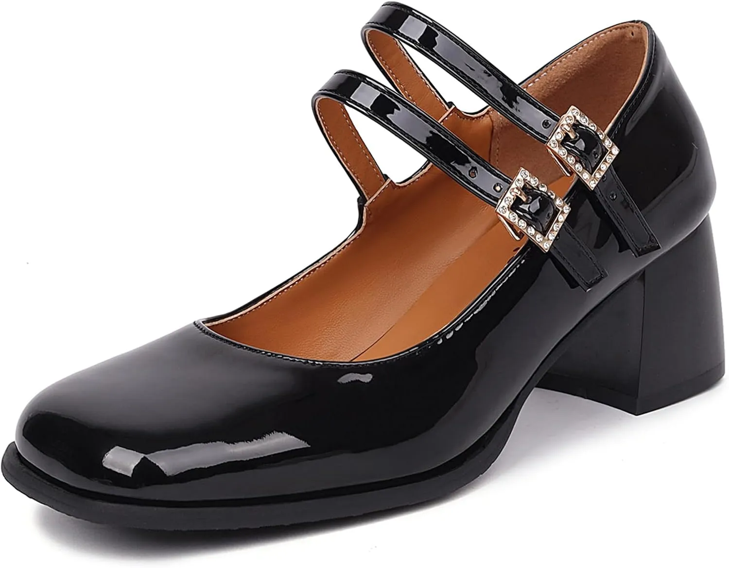 Joi4mis Mary Jane Shoes Women Chunky Heel Buckle Strap Rhinestones Low Block Heels Close Square Toe Mary Jane Pumps Dress Shoes