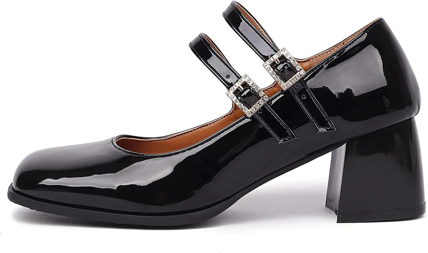 Joi4mis Mary Jane Shoes Women Chunky Heel Buckle Strap Rhinestones Low Block Heels Close Square Toe Mary Jane Pumps Dress Shoes