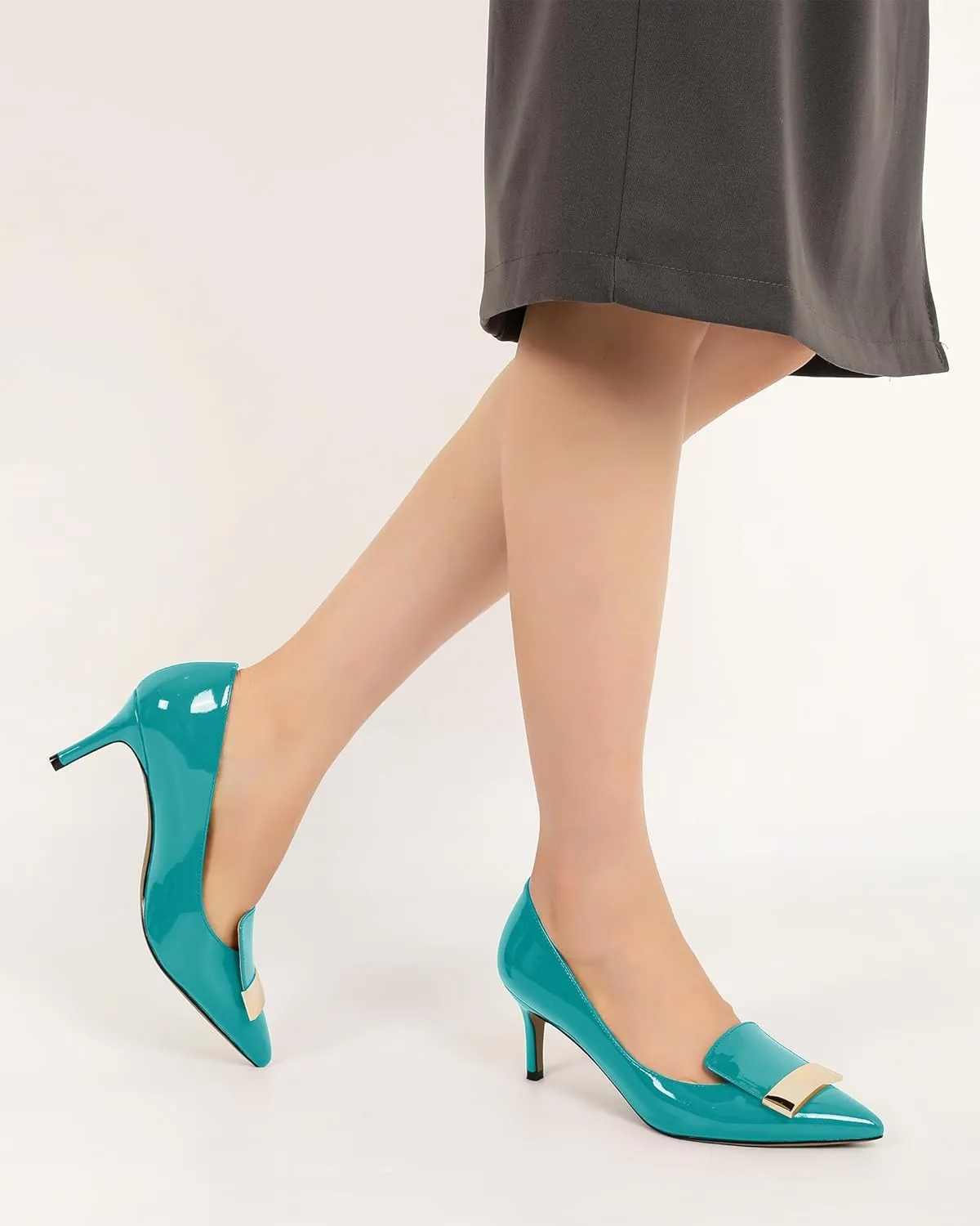 Joseywade Women's Low Heel Pumps Kitten Heels Pumps Buckle Pointed Toe Slip on 2.5 Inch Elegant Patent Dressy Shoes