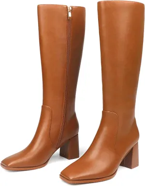 JOY IN LOVE Knee High Boots Women Chunky Block Heel Square Toe Zipper Boots
