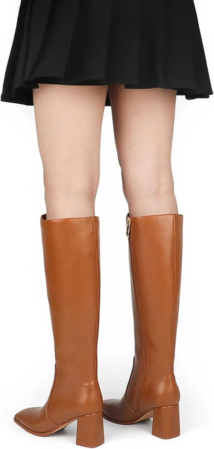 JOY IN LOVE Knee High Boots Women Chunky Block Heel Square Toe Zipper Boots