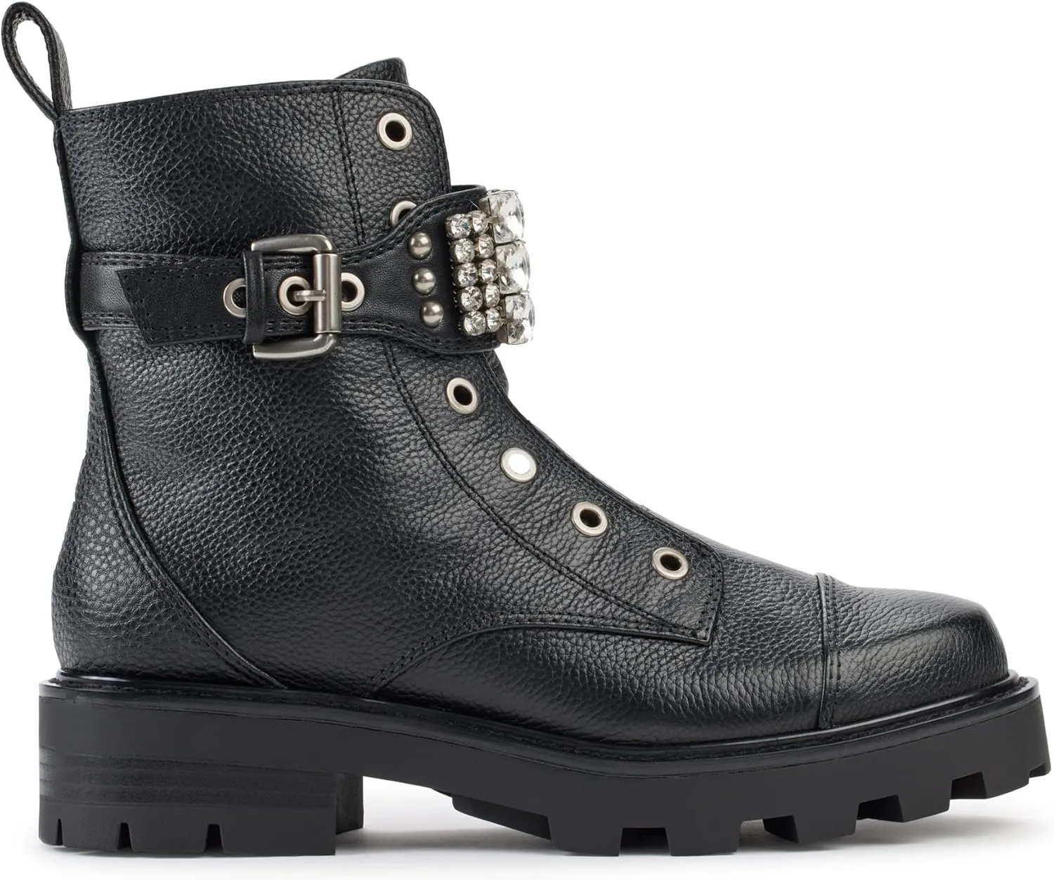 KARL LAGERFELD Women's Lug-Sole Maeva Combat Boot with Crystal Detail