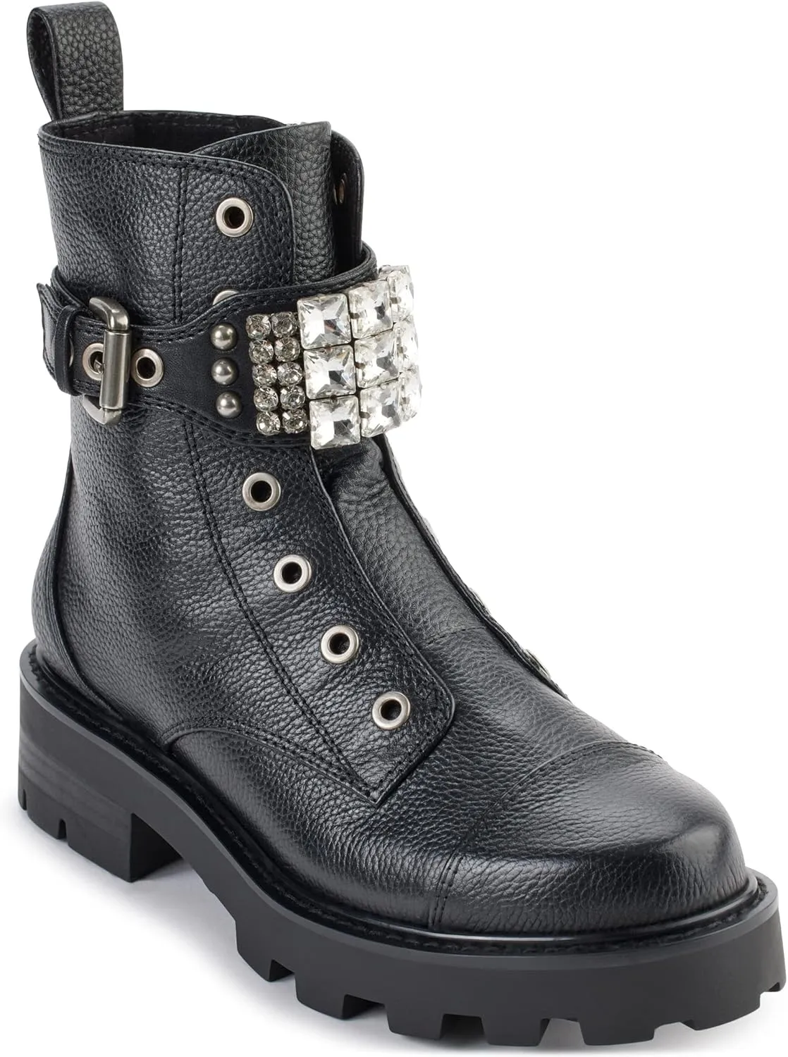 KARL LAGERFELD Women's Lug-Sole Maeva Combat Boot with Crystal Detail