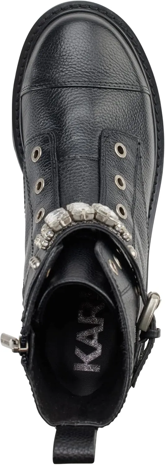 KARL LAGERFELD Women's Lug-Sole Maeva Combat Boot with Crystal Detail