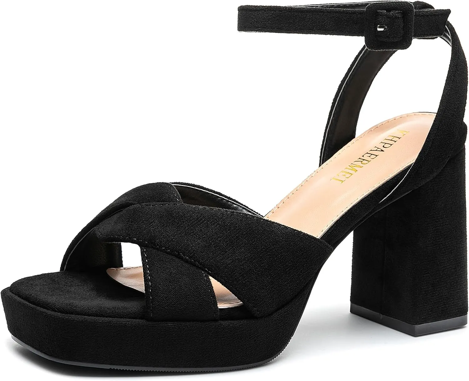 KHPAERMEI Chunky Platform Heels for Women 3.54 Inches Heeled Sandals Comfy Suede Open Toe Ankle Strap Dress High Heels Prom Wedding