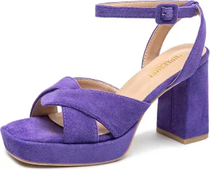 KHPAERMEI Chunky Platform Heels for Women 3.54 Inches Heeled Sandals Comfy Suede Open Toe Ankle Strap Dress High Heels Prom Wedding