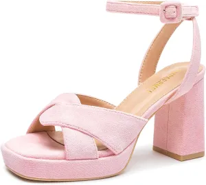 KHPAERMEI Chunky Platform Heels for Women 3.54 Inches Heeled Sandals Comfy Suede Open Toe Ankle Strap Dress High Heels Prom Wedding