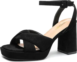 KHPAERMEI Chunky Platform Heels for Women 3.54 Inches Heeled Sandals Comfy Suede Open Toe Ankle Strap Dress High Heels Prom Wedding