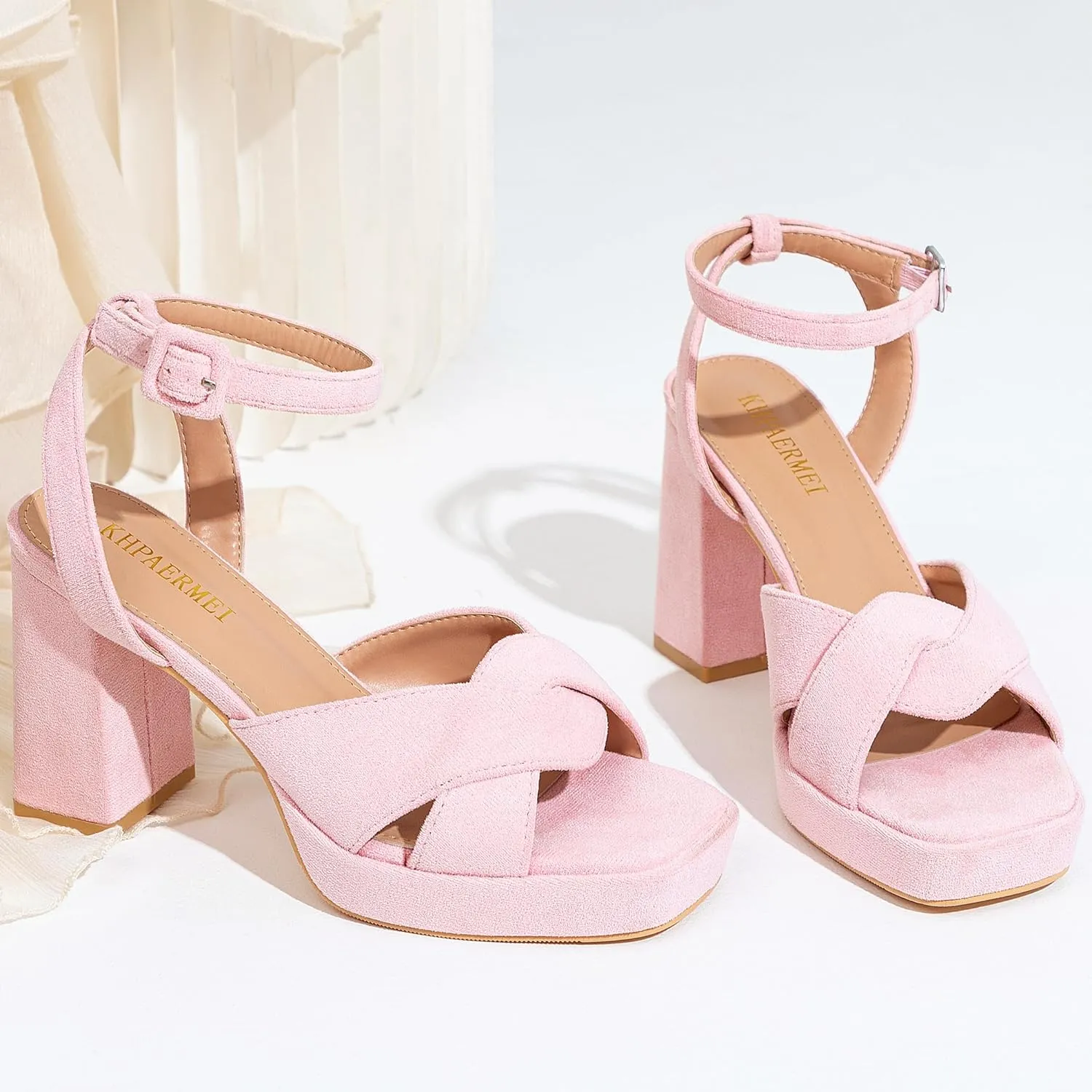 KHPAERMEI Chunky Platform Heels for Women 3.54 Inches Heeled Sandals Comfy Suede Open Toe Ankle Strap Dress High Heels Prom Wedding