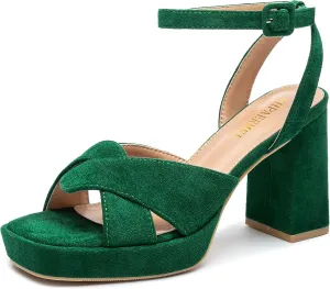 KHPAERMEI Chunky Platform Heels for Women 3.54 Inches Heeled Sandals Comfy Suede Open Toe Ankle Strap Dress High Heels Prom Wedding