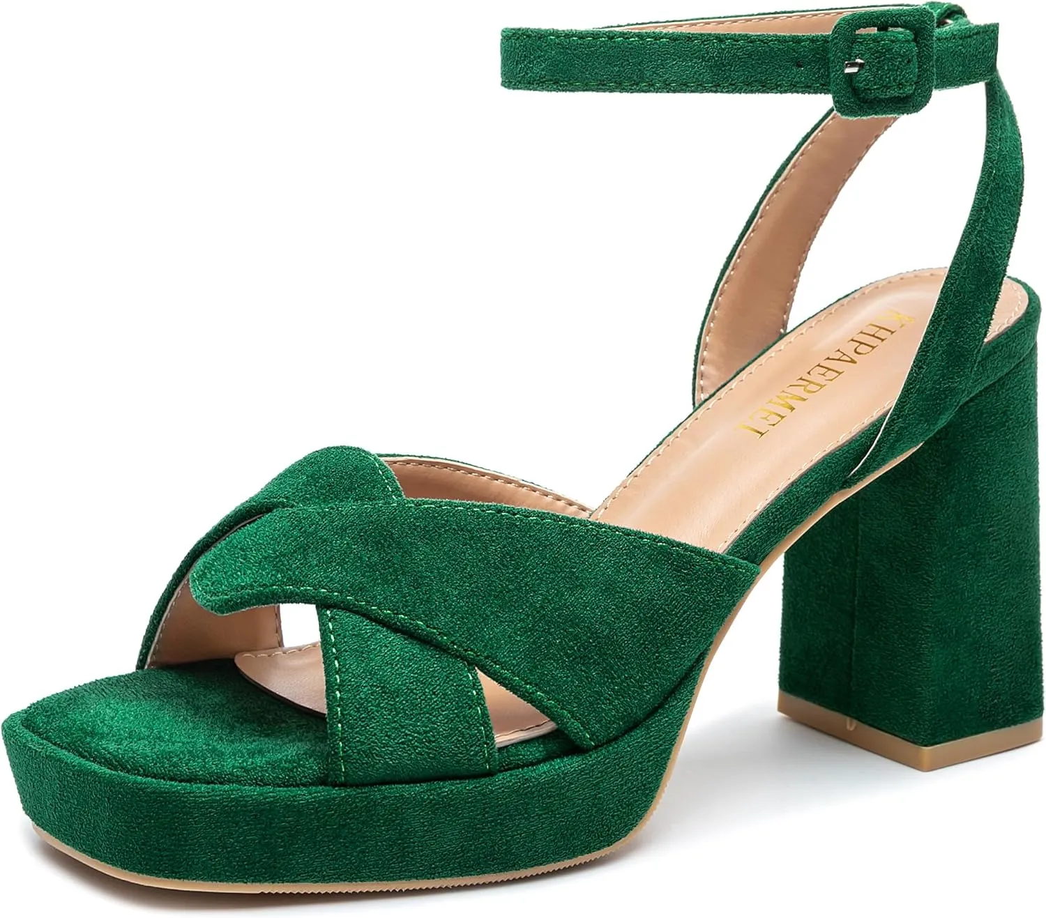 KHPAERMEI Chunky Platform Heels for Women 3.54 Inches Heeled Sandals Comfy Suede Open Toe Ankle Strap Dress High Heels Prom Wedding