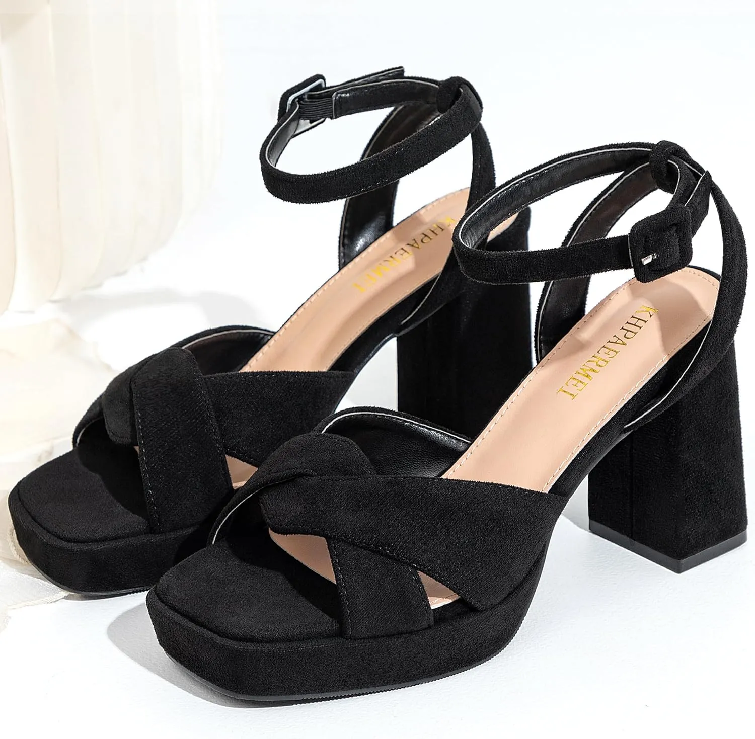 KHPAERMEI Chunky Platform Heels for Women 3.54 Inches Heeled Sandals Comfy Suede Open Toe Ankle Strap Dress High Heels Prom Wedding